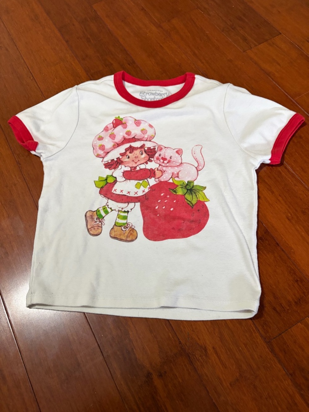 Kids White Ringer Tee with Red Trim and Strawberry Graphic
